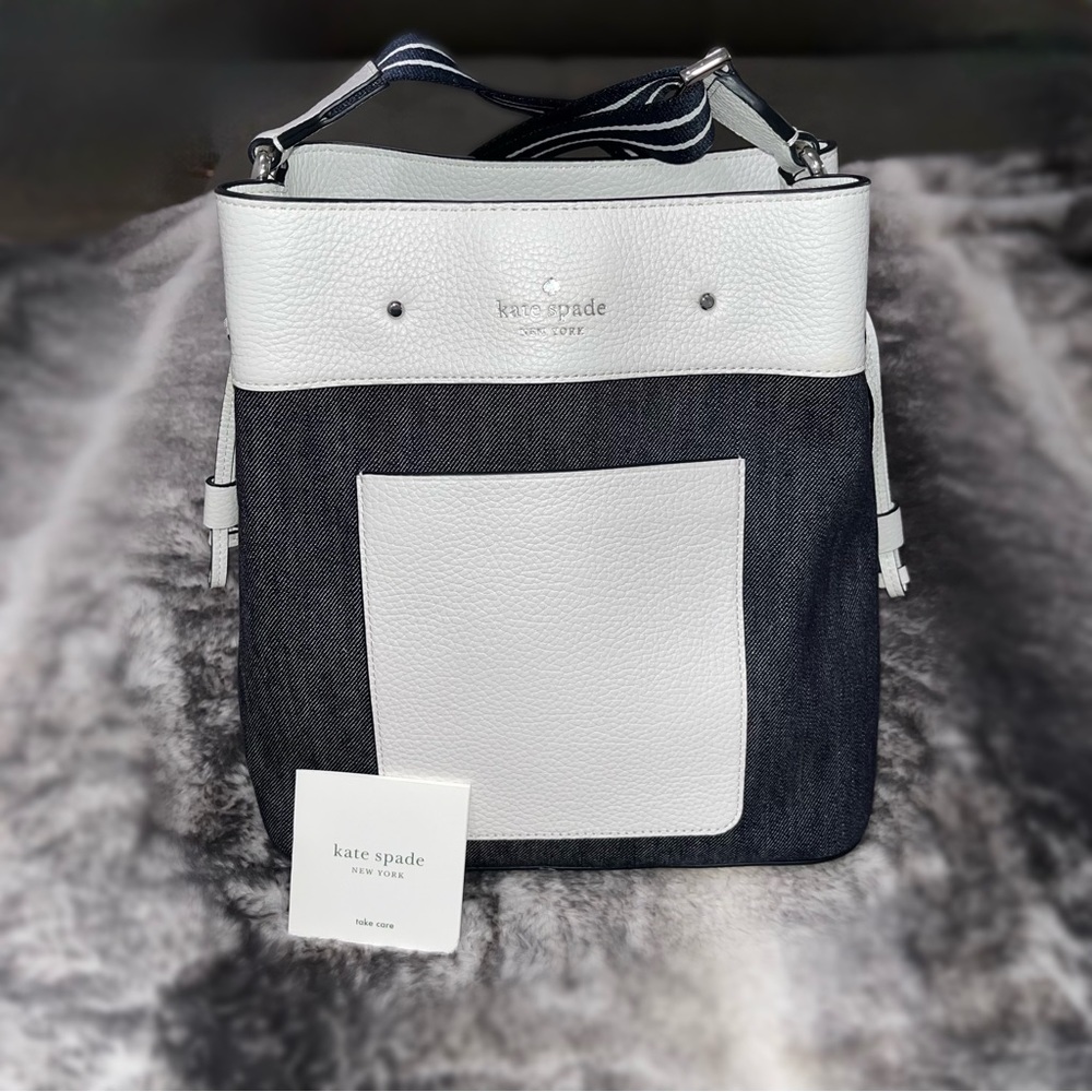 KATE SPADE - Reg $479! - Marti Denim & White Leather Large Bucket Bag Crossbody